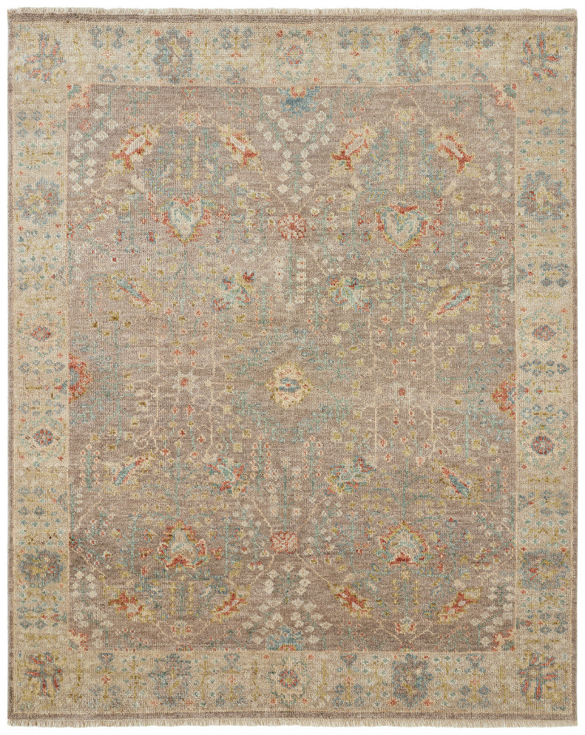 Transitional hand-knotted wool rug in brown and beige, full view