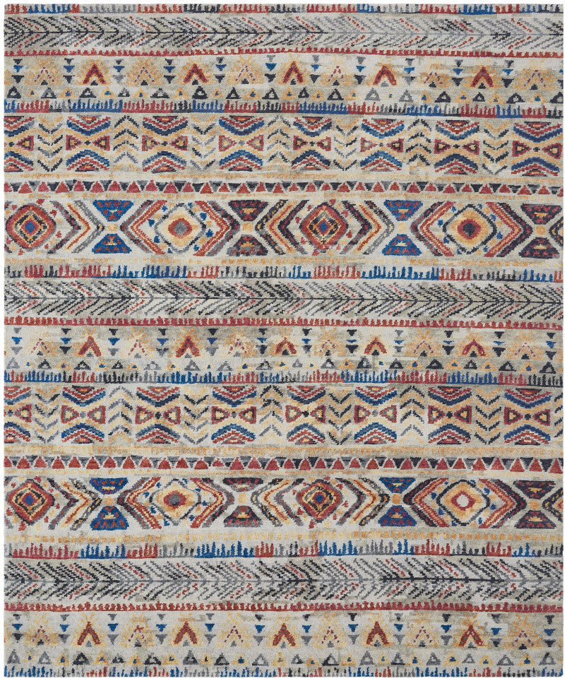 Transitional hand-knotted wool rug in beige, full view