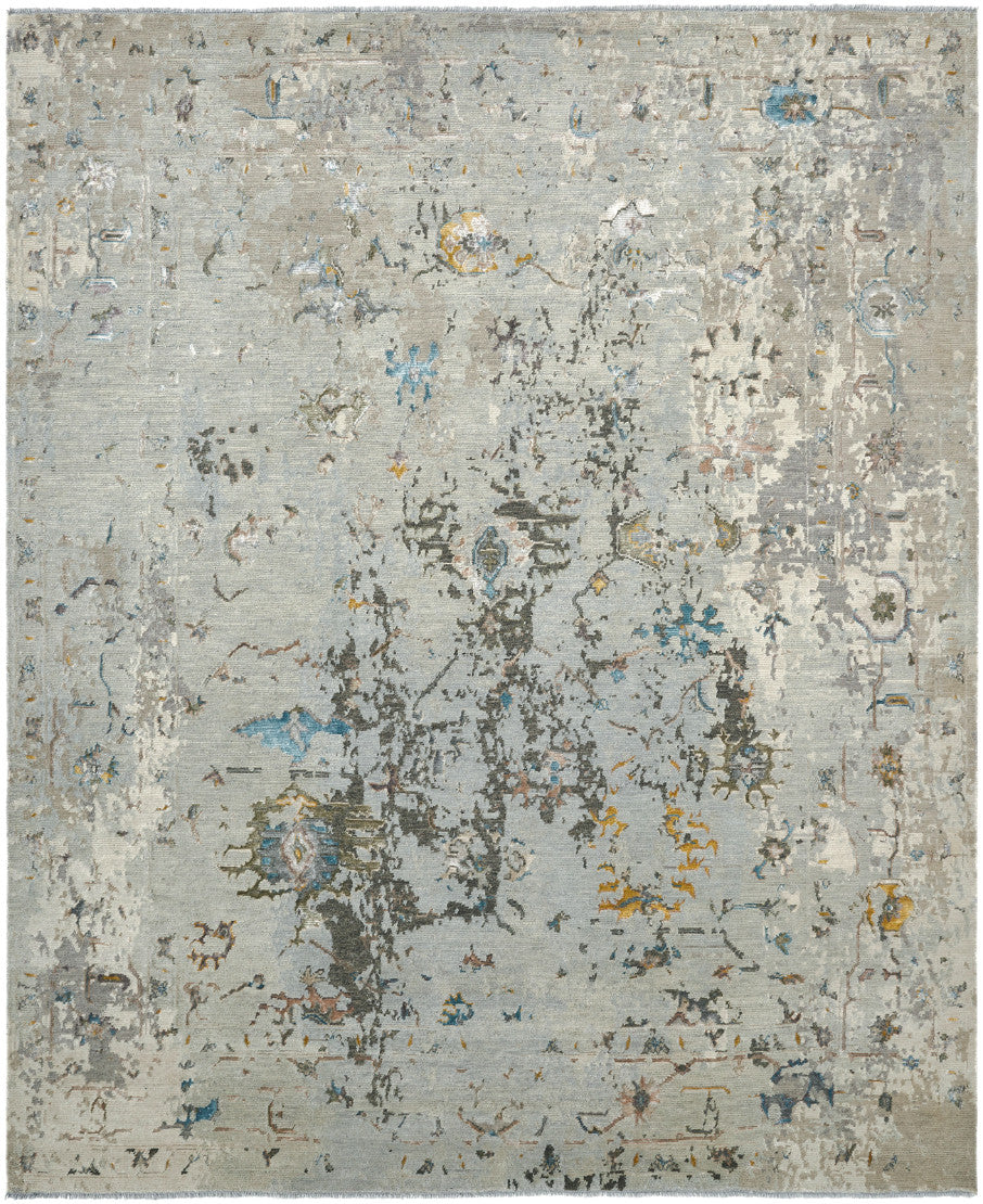 Transitional hand-knotted wool-silk rug in gray and black, full view