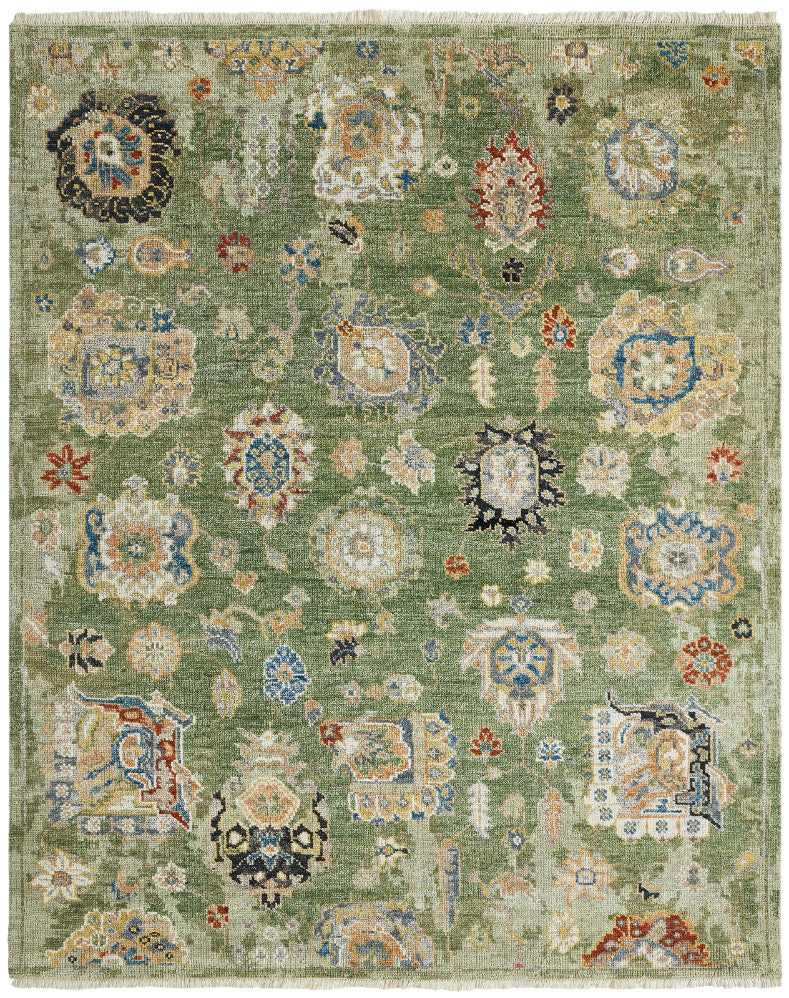 Transitional hand-knotted wool-silk rug in green, full view