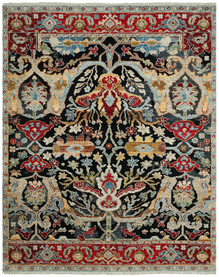 Transitional hand-knotted wool-silk rug in black and red, full view