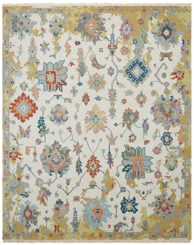 Transitional hand-knotted wool rug in beige and yellow, full view