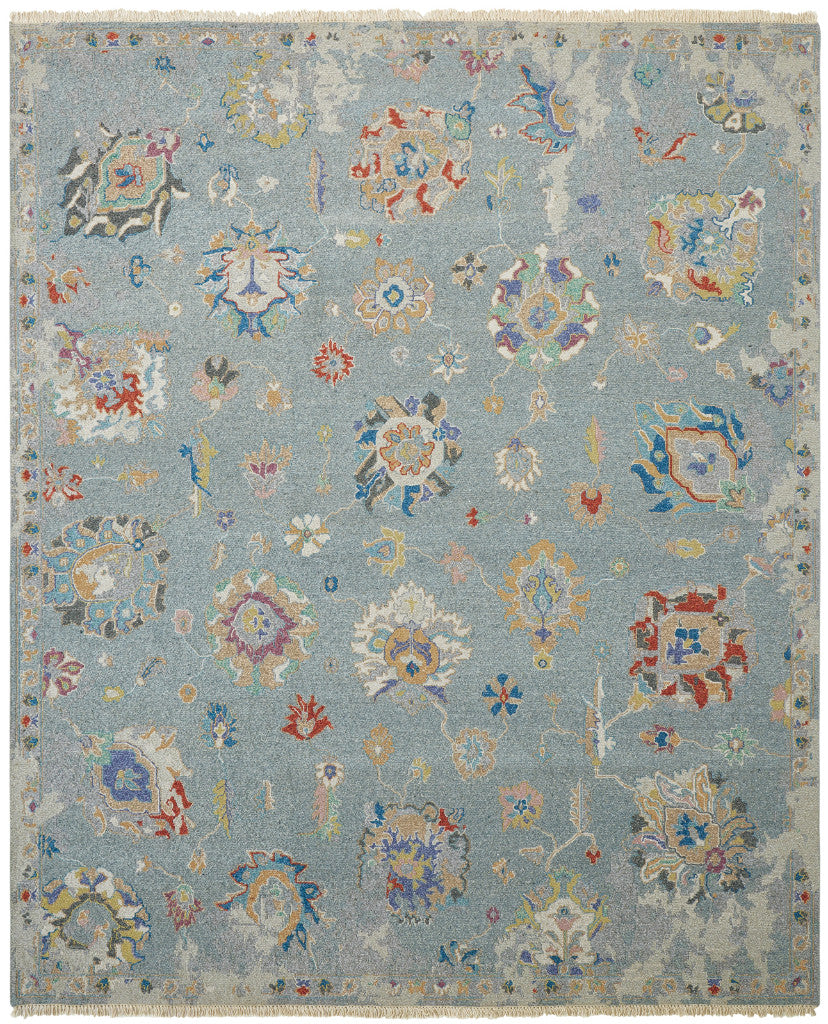 Transitional hand-knotted wool rug in teal and beige, full view