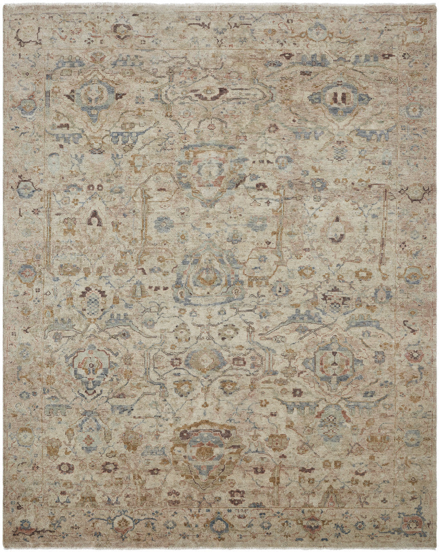 Transitional hand-knotted wool rug in beige and brown, full view