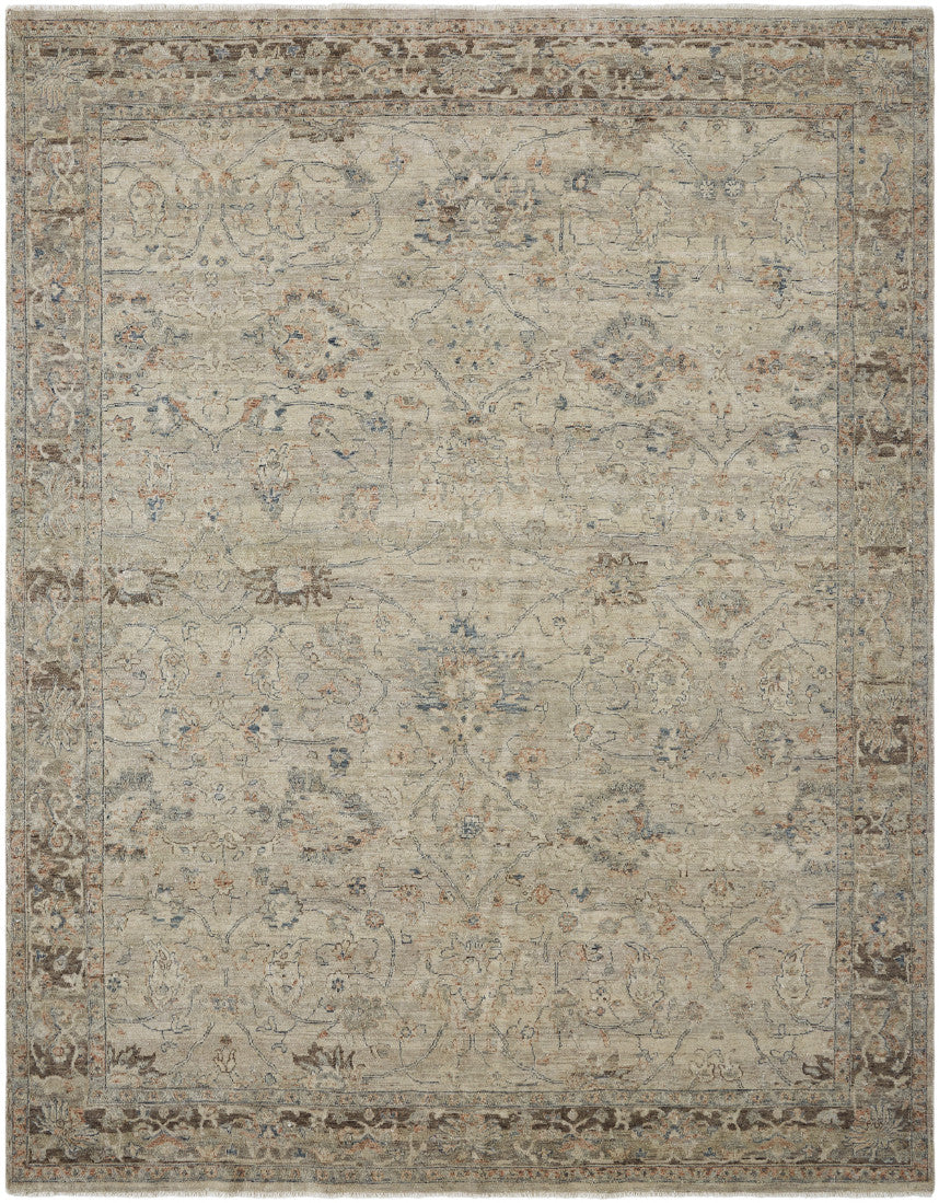 Transitional hand-knotted wool rug in gray and beige, full view