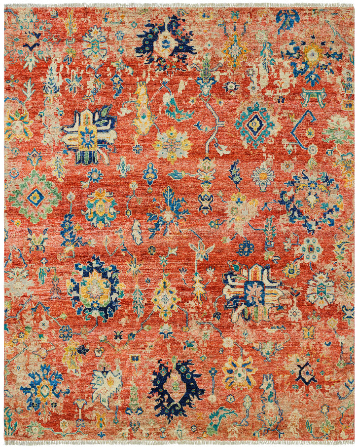 Transitional hand-knotted wool rug in orange and beige, full view