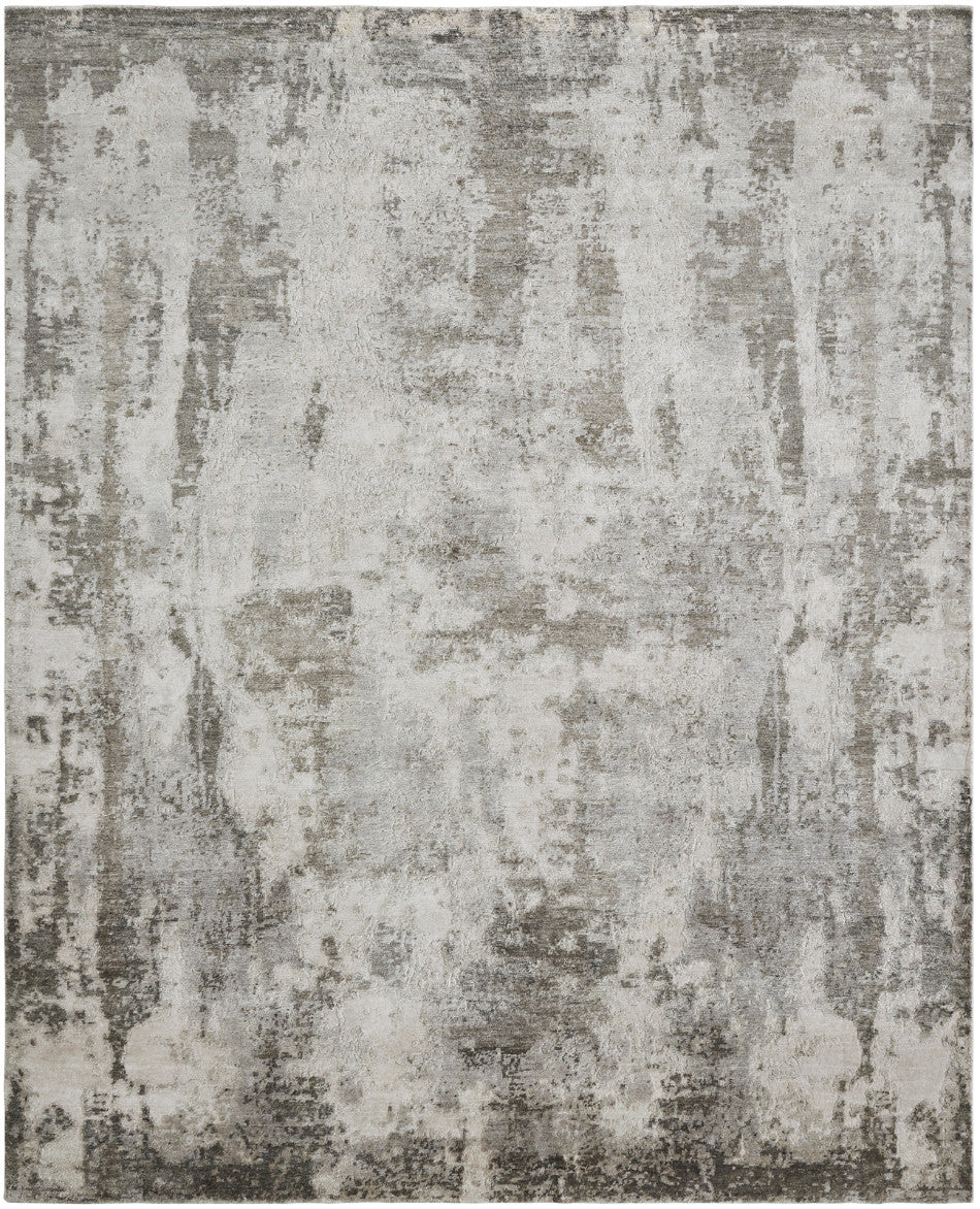 Modern hand-knotted silk rug in gray, full view