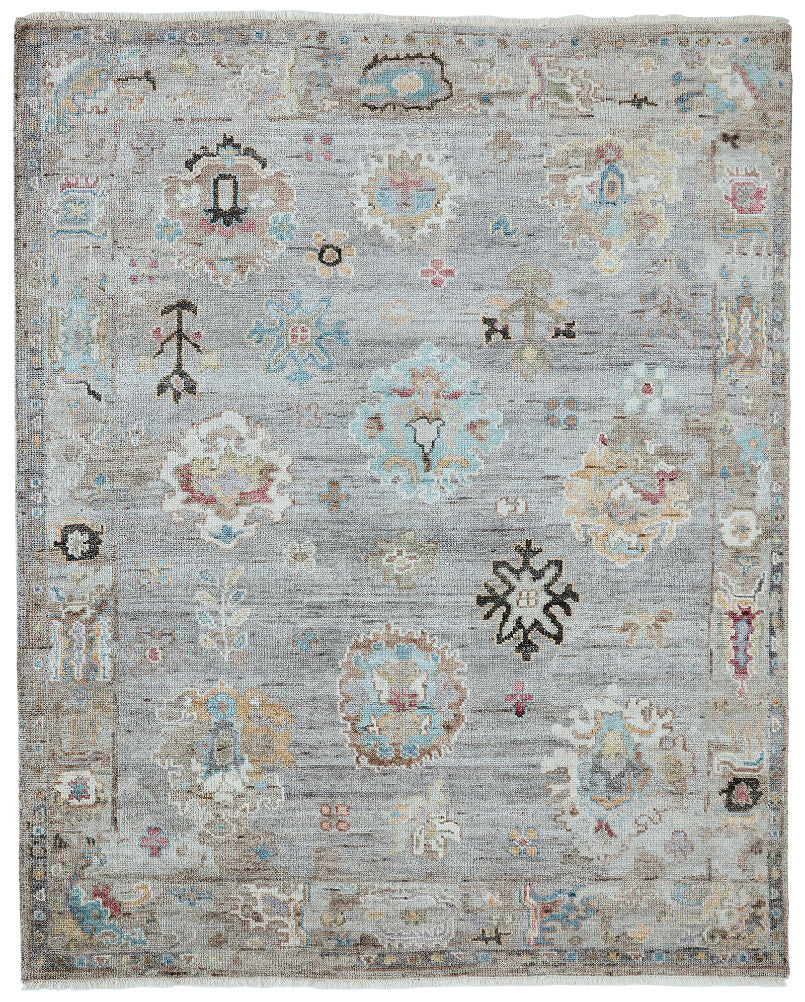 Transitional hand-knotted wool-silk rug in gray, full view