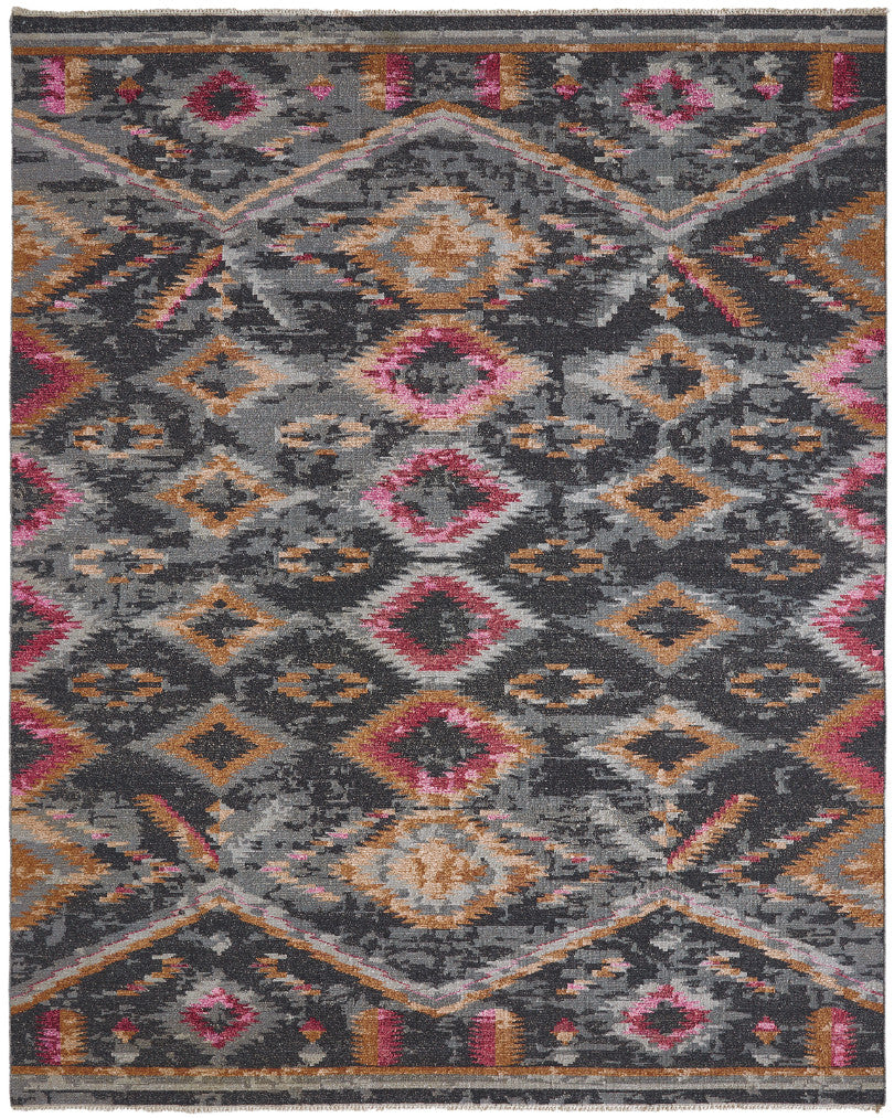 Transitional hand-knotted wool rug in black, full view