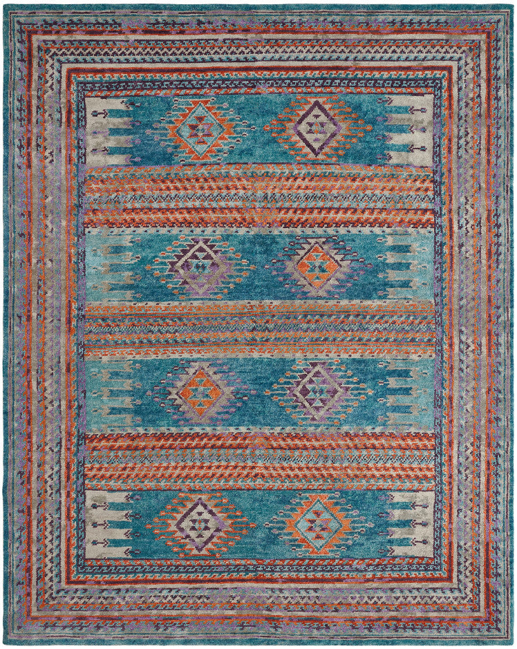 Transitional hand-knotted wool rug in blue and rust, full view