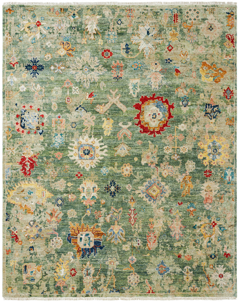 Transitional hand-knotted wool rug in green and beige, full view