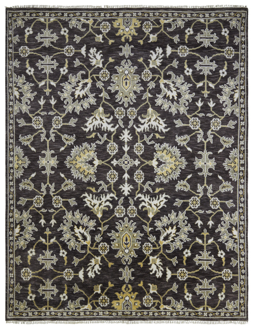 Transitional hand-knotted wool rug in black and gray, full view