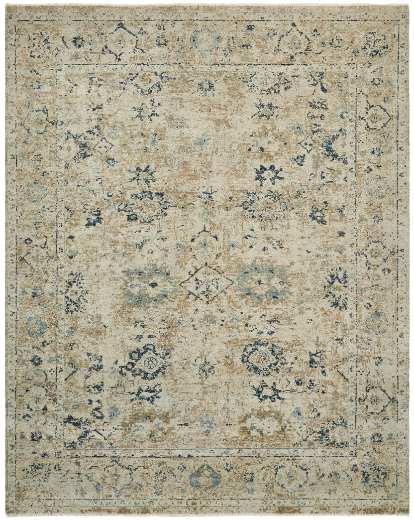 Transitional hand-knotted wool rug in beige and gray, full view