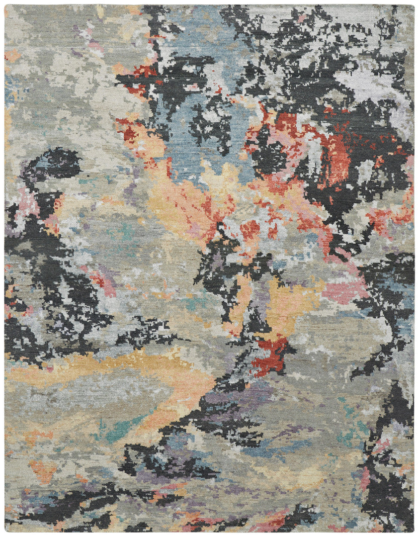 Modern hand-knotted wool-silk rug in gray and blue, full view