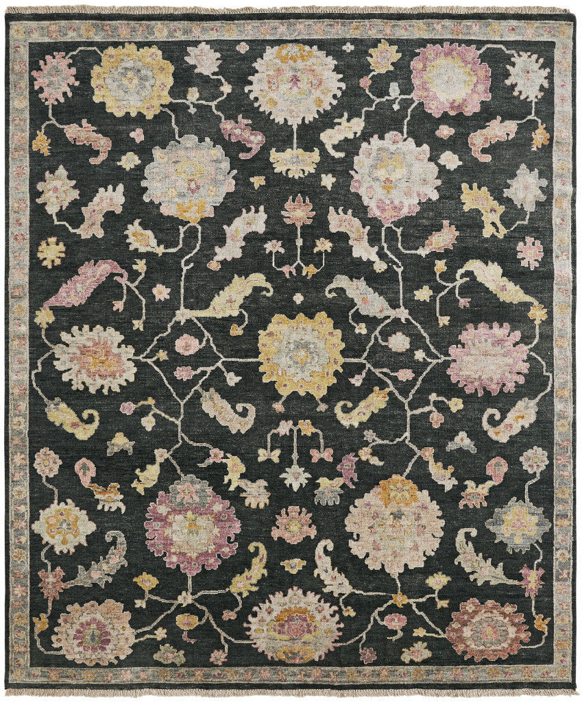 Transitional hand-knotted wool-silk rug in black and gray, full view