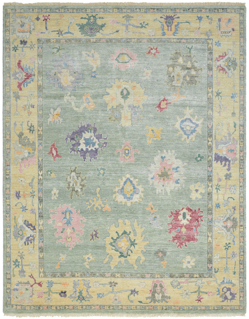 Transitional hand-knotted wool-silk rug in teal and yellow, full view