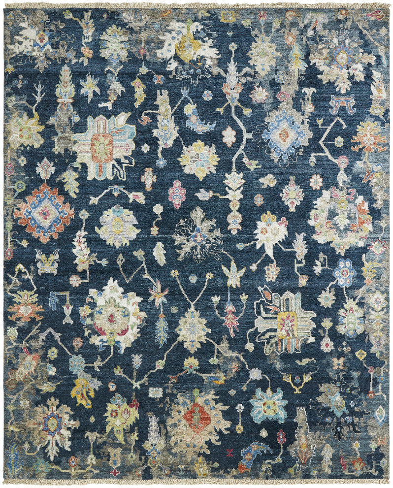 Transitional hand-knotted wool-silk rug in navy blue and off-white, full view