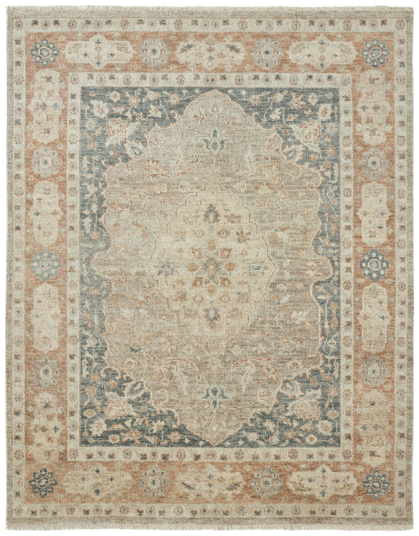 Transitional hand-knotted wool rug in beige and rust, full view