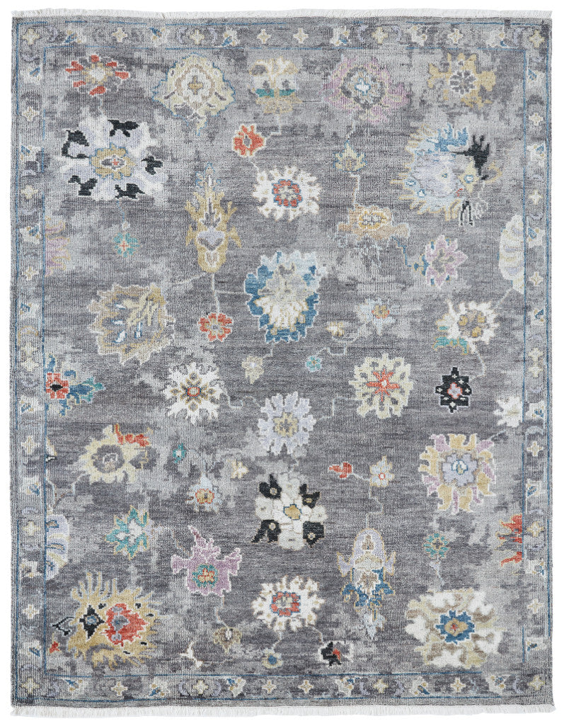 Transitional hand-knotted wool-silk rug in gray and white, full view