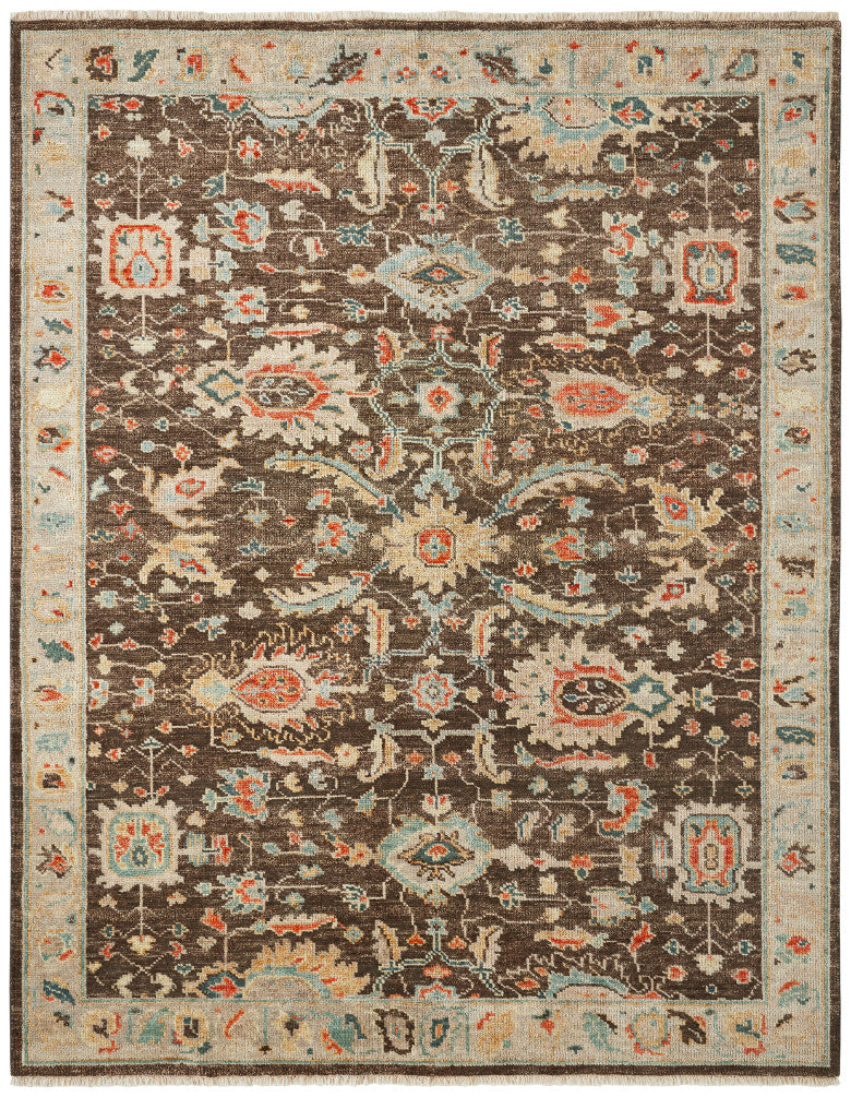 Transitional hand-knotted wool rug in brown and beige, full view