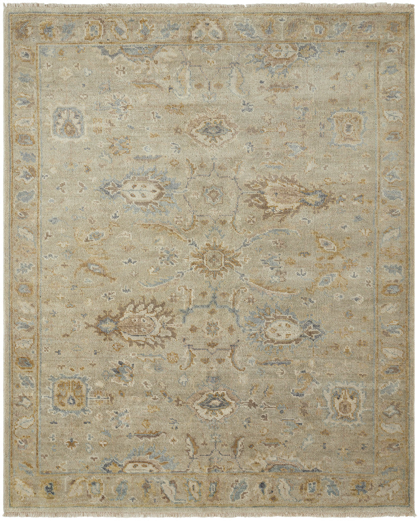 Transitional hand-knotted wool rug in beige and brown, full view
