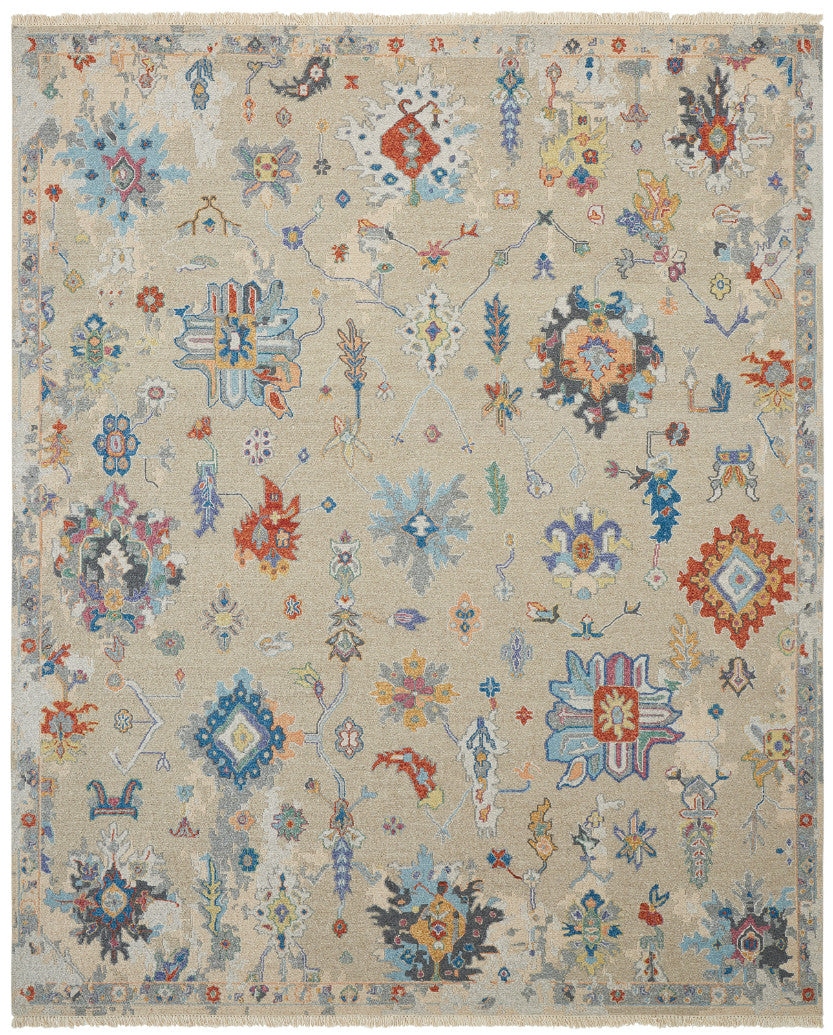 Transitional hand-knotted wool rug in beige, full view