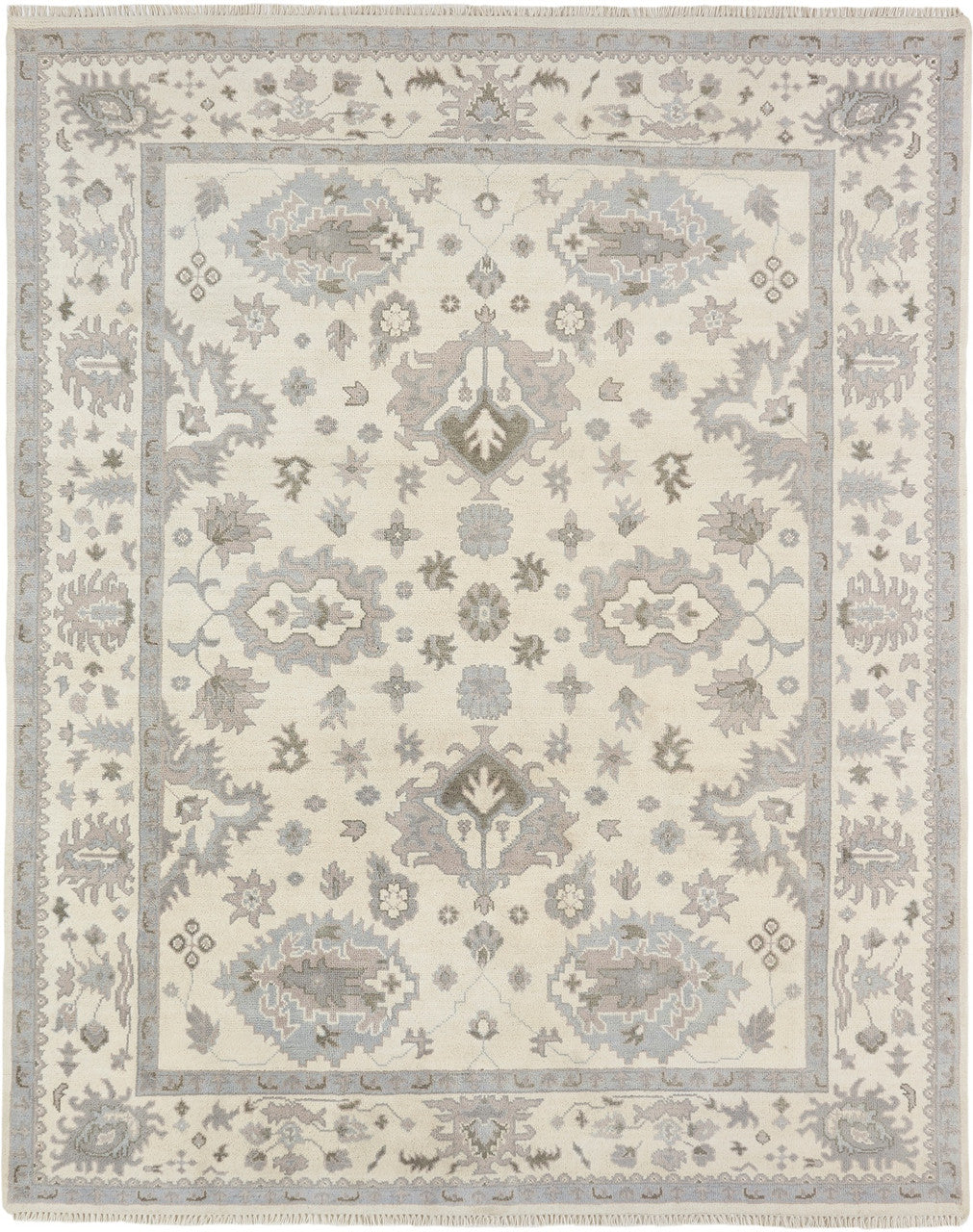 Transitional hand-knotted wool rug in off-white and gray, full view