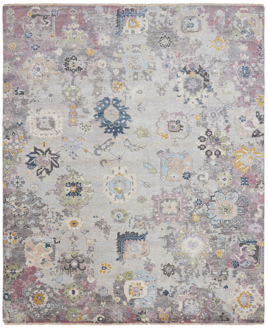 Transitional hand-knotted wool-silk rug in gray and pink, full view