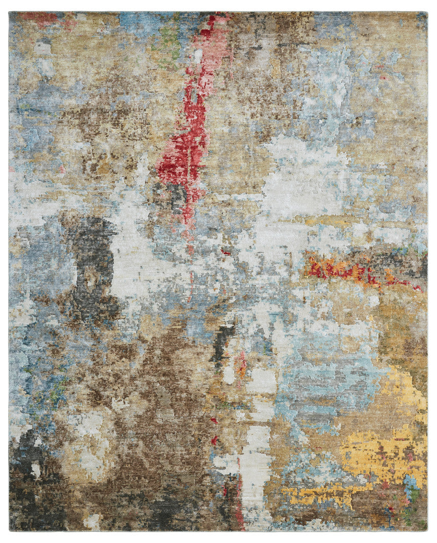 Modern hand-knotted silk rug in blue and beige, full view