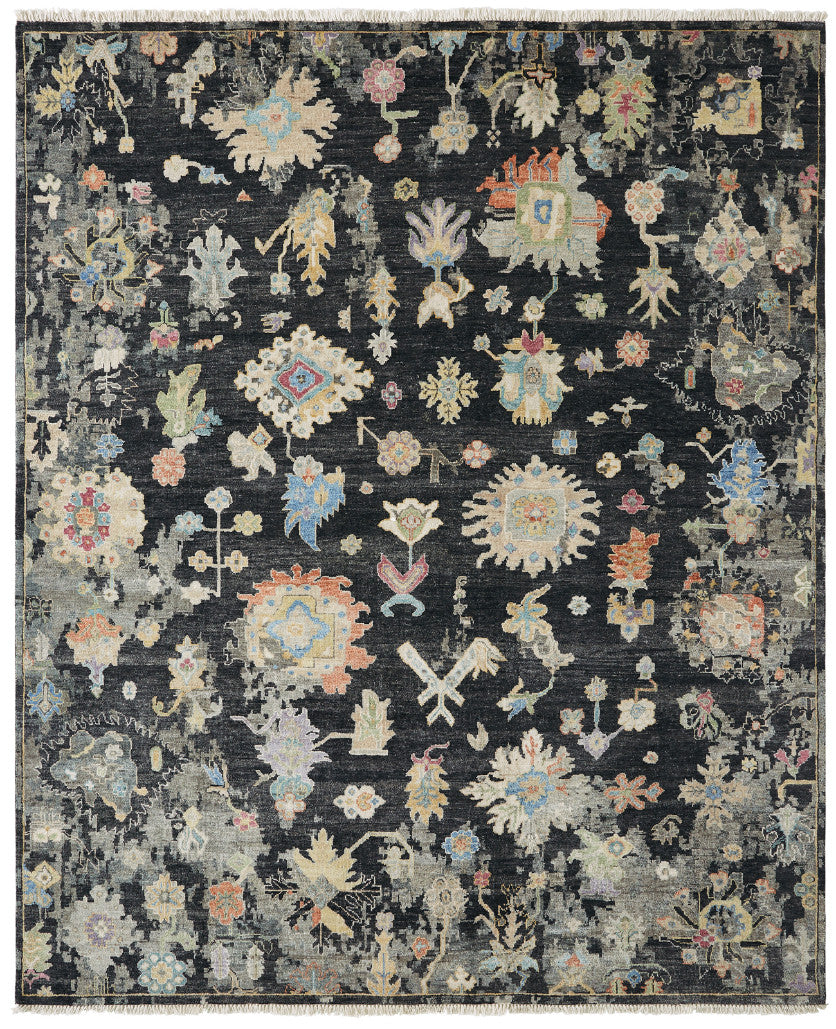 Transitional hand-knotted wool-silk rug in black and gray, full view
