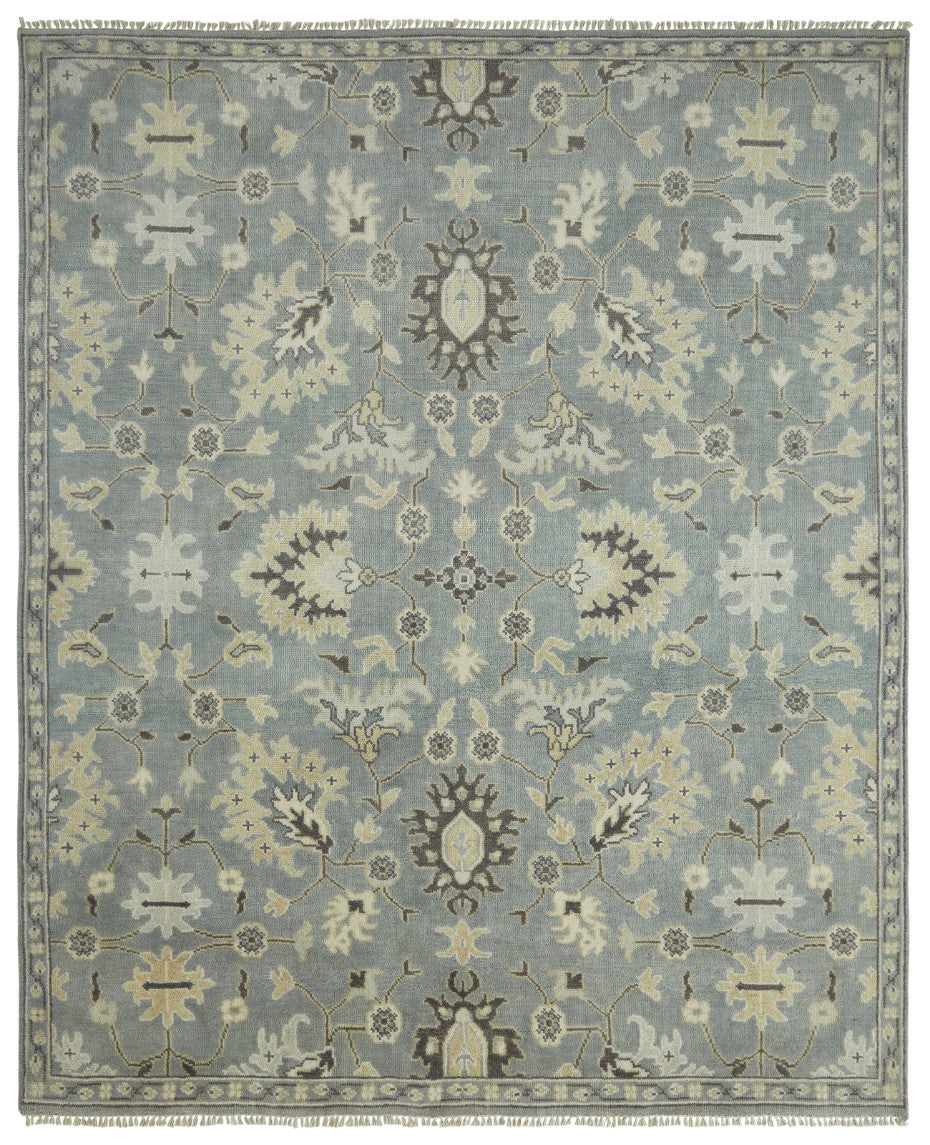 Transitional hand-knotted wool rug in gray and beige, full view