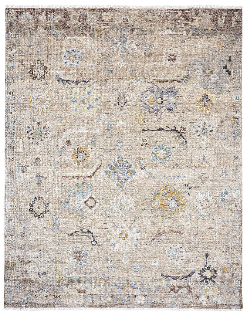 Transitional hand-knotted wool-silk rug in beige, full view