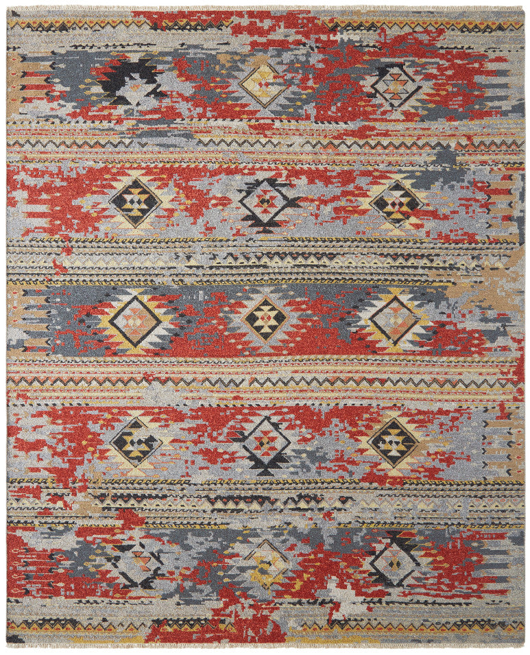 Transitional hand-knotted wool rug in red and gold, full view