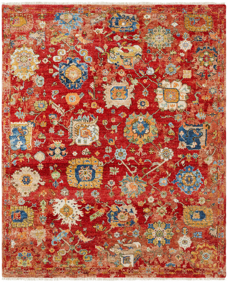Transitional hand-knotted wool rug in red and gold, full view