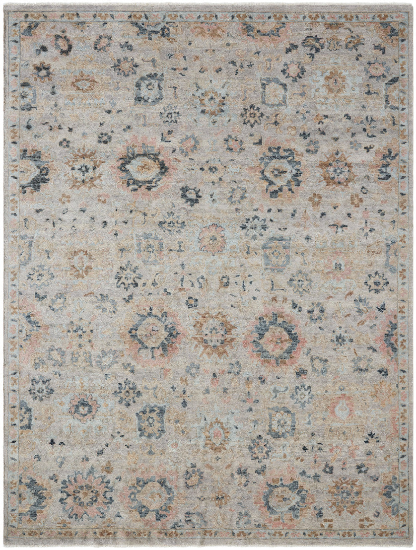 Transitional hand-knotted wool rug in beige and gray, full view