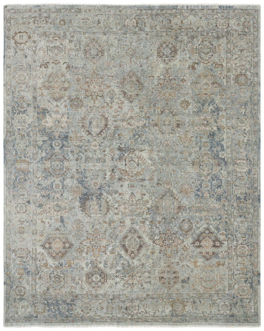 Transitional hand-knotted wool rug in gray and beige, full view