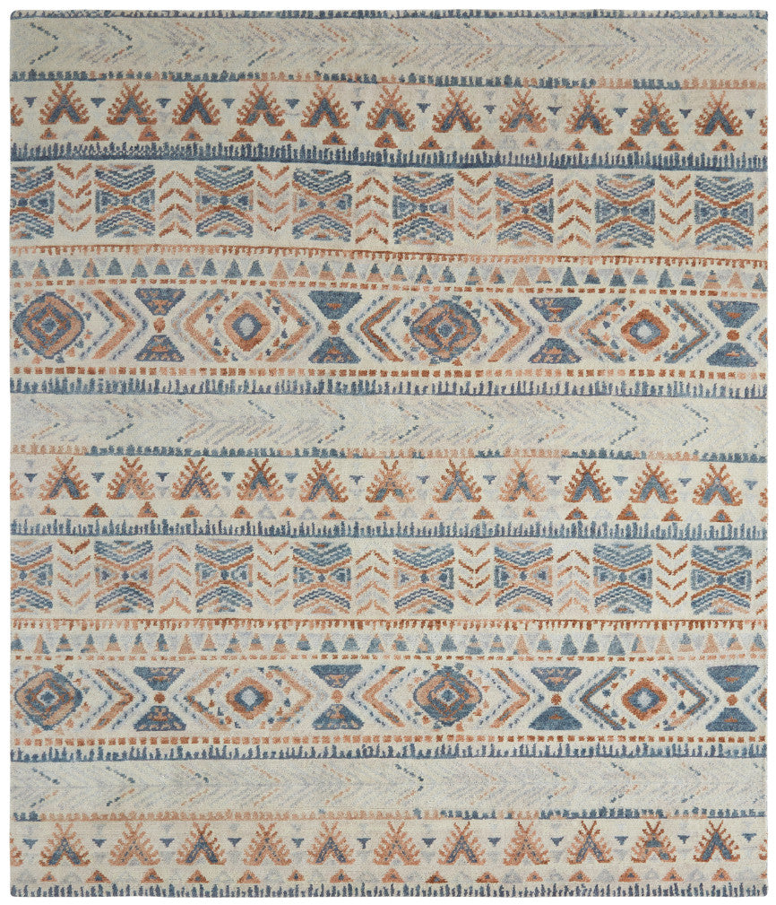 Transitional hand-knotted wool rug in beige and blue, full view