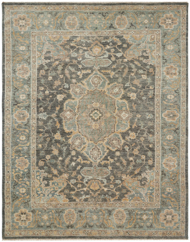 Transitional hand-knotted wool rug in gray and blue, full view