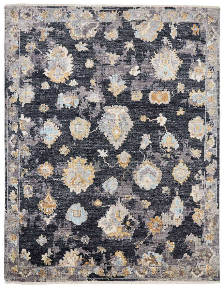 Transitional hand-knotted wool-silk rug in black and gray, full view