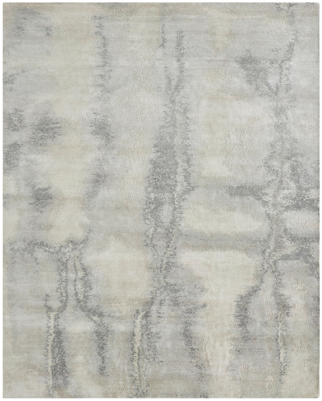 Modern hand-knotted silk rug in gray, full view