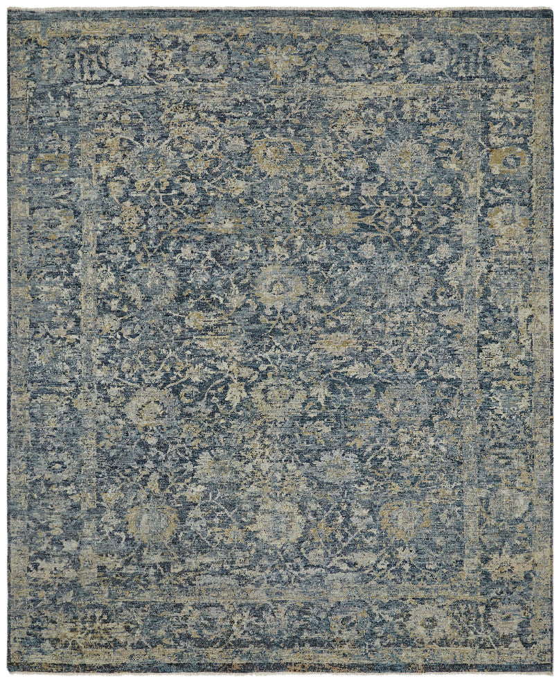 Transitional hand-knotted wool rug in blue and gray, full view