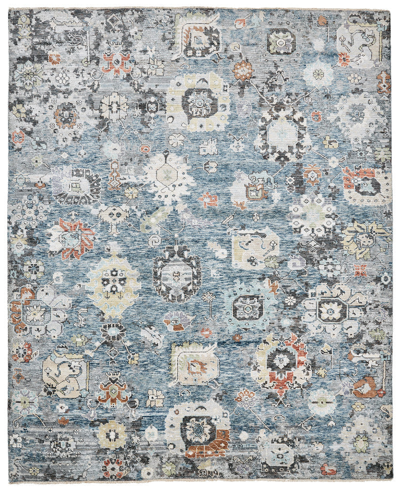 Transitional hand-knotted wool-silk rug in blue and black, full view