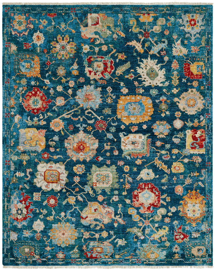 Transitional hand-knotted wool rug in blue and beige, full view