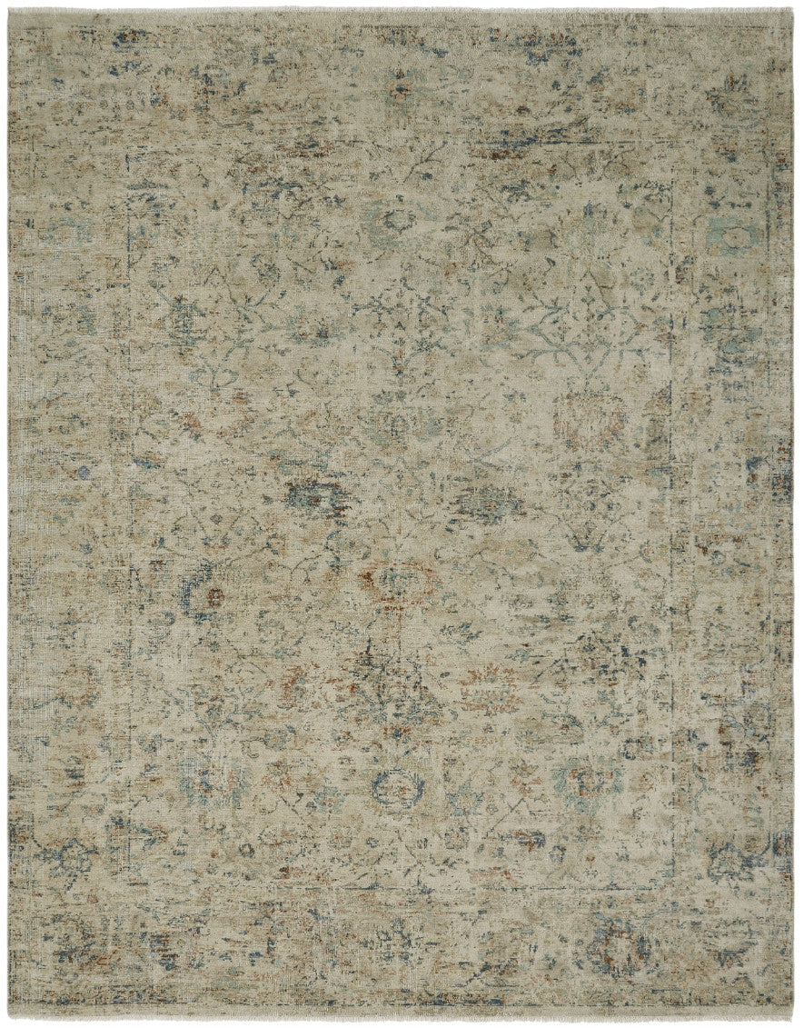 Transitional hand-knotted wool rug in beige and gray, full view