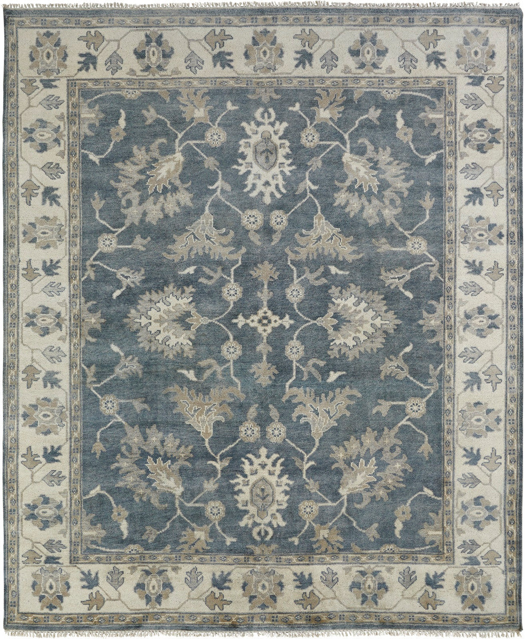 Transitional hand-knotted wool rug in gray and off-white, full view