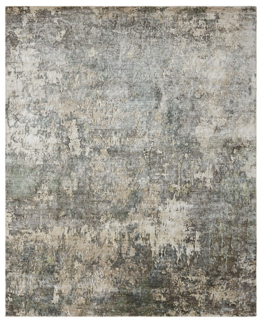Modern hand-knotted silk rug in gray, full view