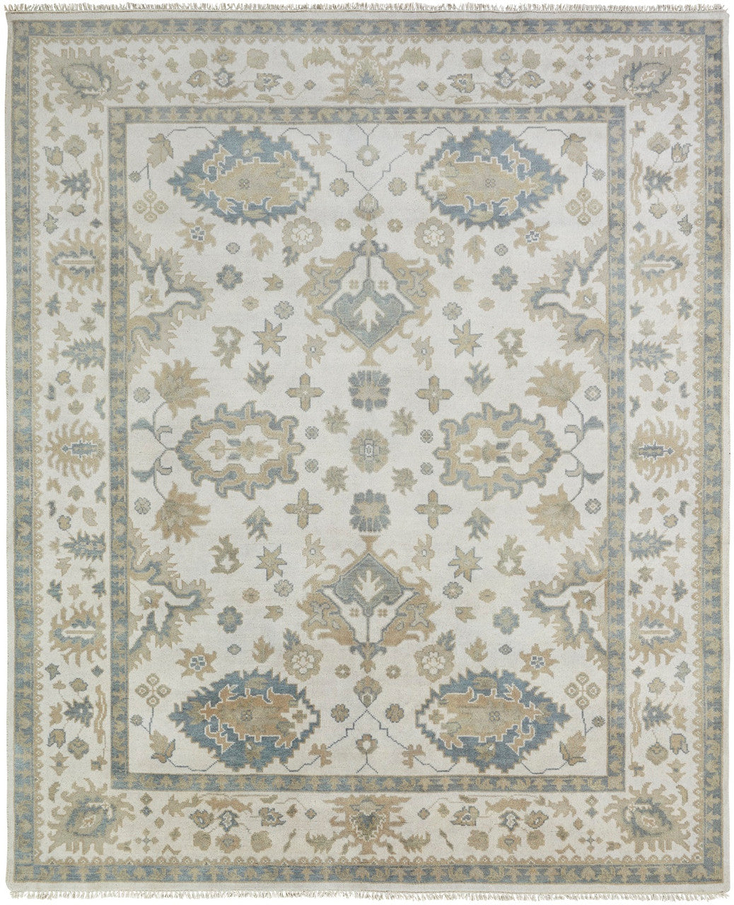 Transitional hand-knotted wool rug in off-white and gray, full view
