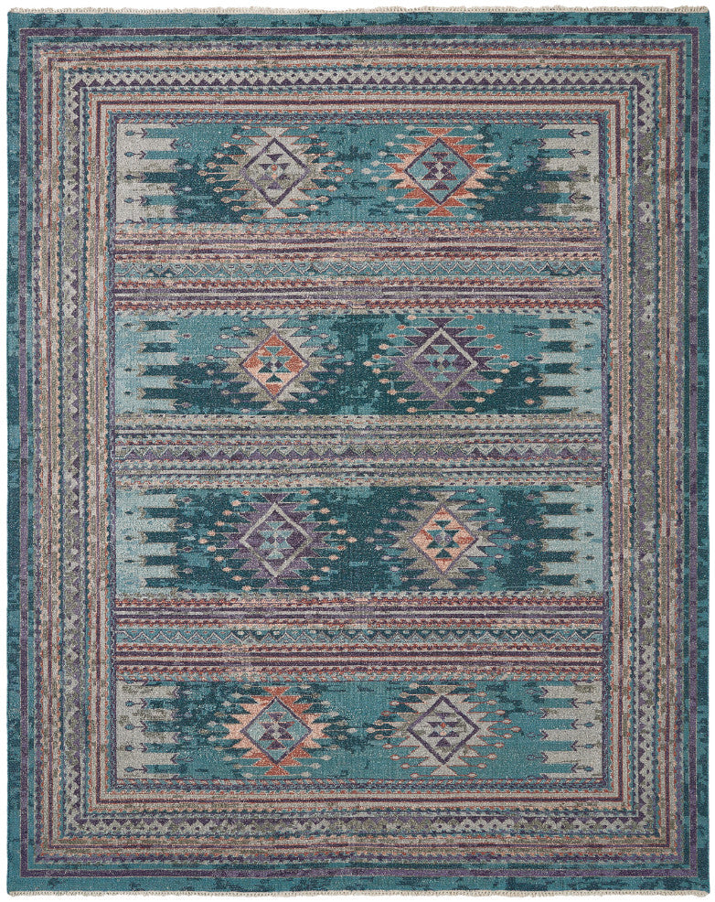 Transitional hand-knotted wool rug in teal and beige, full view