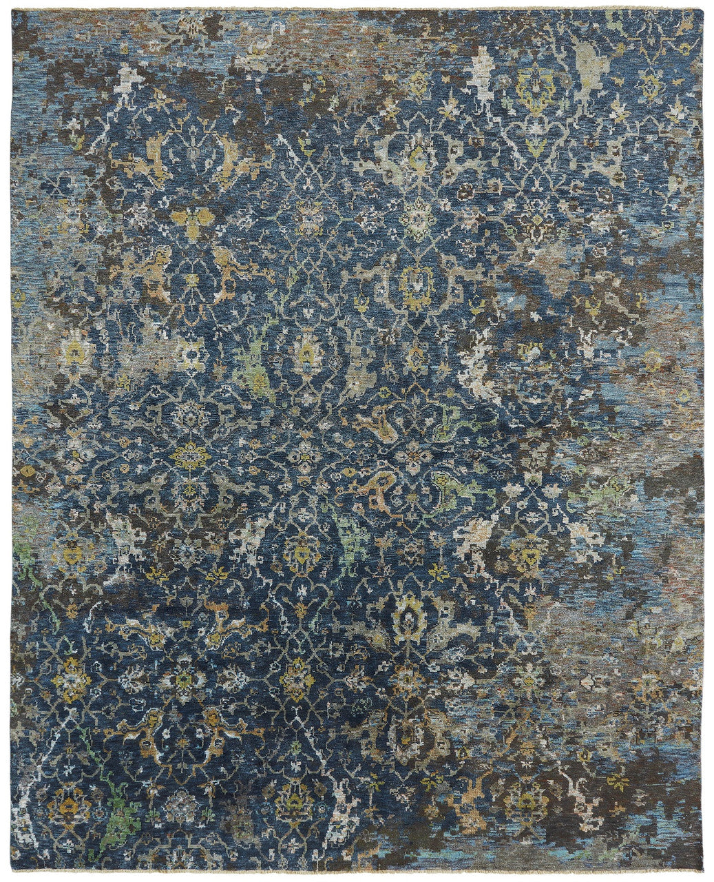 Transitional hand-knotted wool-silk rug in navy blue and gray, full view
