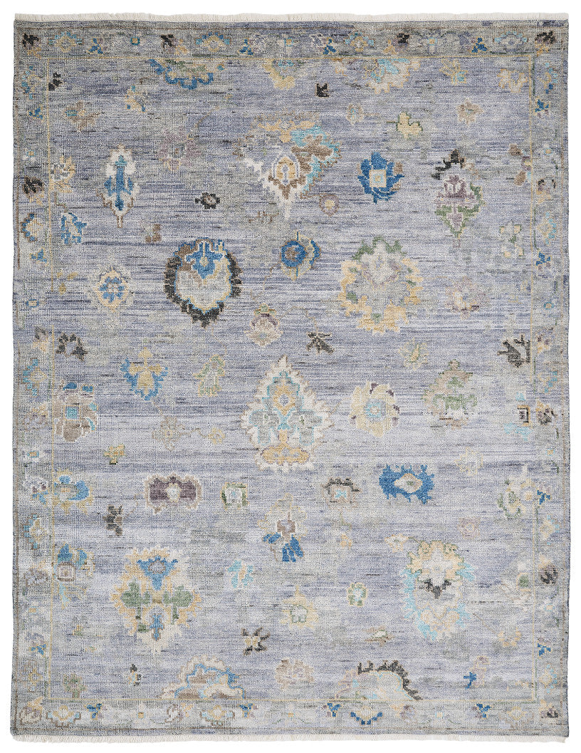 Transitional hand-knotted wool-silk rug in gray, full view